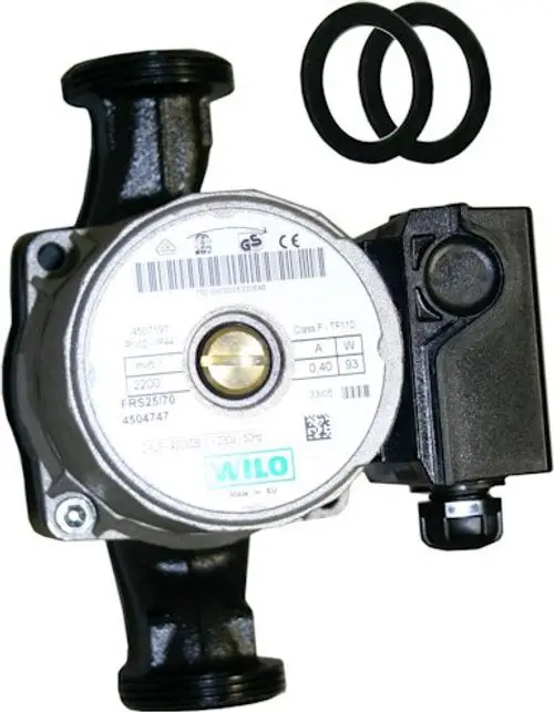 Wilo-Pumpe mit schwarzem Gehäuse und elektrischer Anschlussklemme, begleitet von zwei Dichtungsringen, geeignet für Heizungsinstallationen von Bosch.